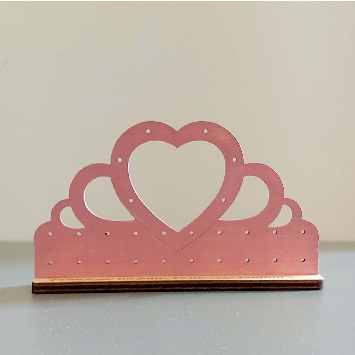 présentoir à boucles d'oreilles en forme de diadème avec coeur, pour enfants, en bois peint rose
