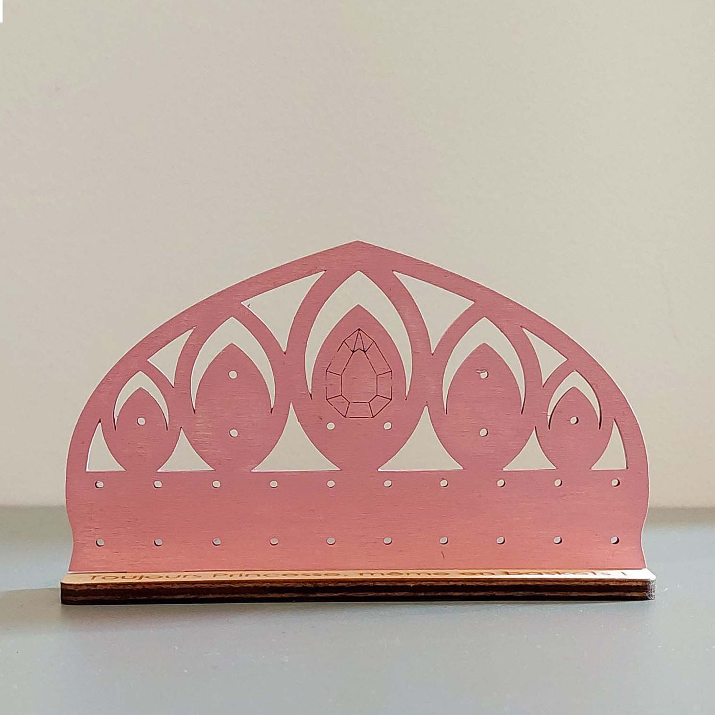 présentoir à boucles d'oreilles en forme de diadème avec diamant, pour enfants, en bois peint rose