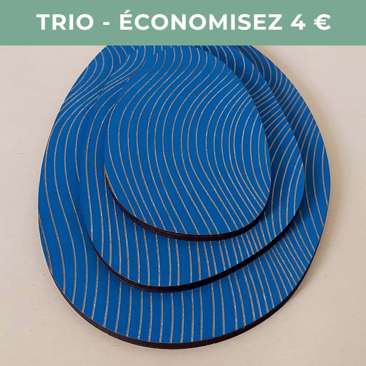 Lot de 3 plateaux bijoux et accessoires ZEN BLEU INTENSE en bois éco-responsable, fabriqués en France